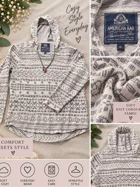 American Rag Gray and White Patterned Knit Hoodie Sweater